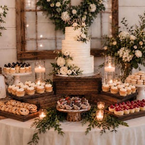 May include: A three-tier white frosted wedding cake topped with a gold Mr & Mrs sign and fresh flowers, displayed on a wooden stand surrounded by assorted desserts including cookies, tarts, and macarons on wooden trays with lit candles.