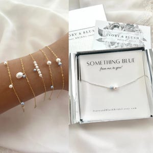 Something Blue Bracelet, Something blue for bride Dainty pearl bracelet Something blue wedding day gift Will you be my something blue ideas