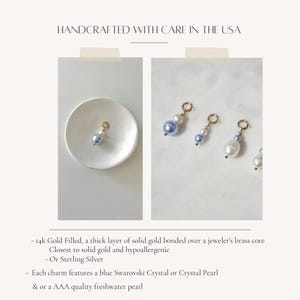 May include: Jewelry charms featuring a blue Swarovski crystal or crystal pearl paired with a freshwater pearl on a gold-filled or sterling silver ring. Text reads: HANDCRAFTED WITH CARE IN THE USA, 14k Gold Filled, Or Sterling Silver.