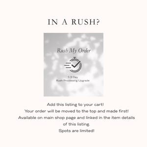 May include: A digital graphic with the text IN A RUSH? above a square containing the words Rush My Order, a stopwatch icon with a checkmark, and the text 1-3 Day Rush Processing Upgrade. Below the square is text about order processing.
