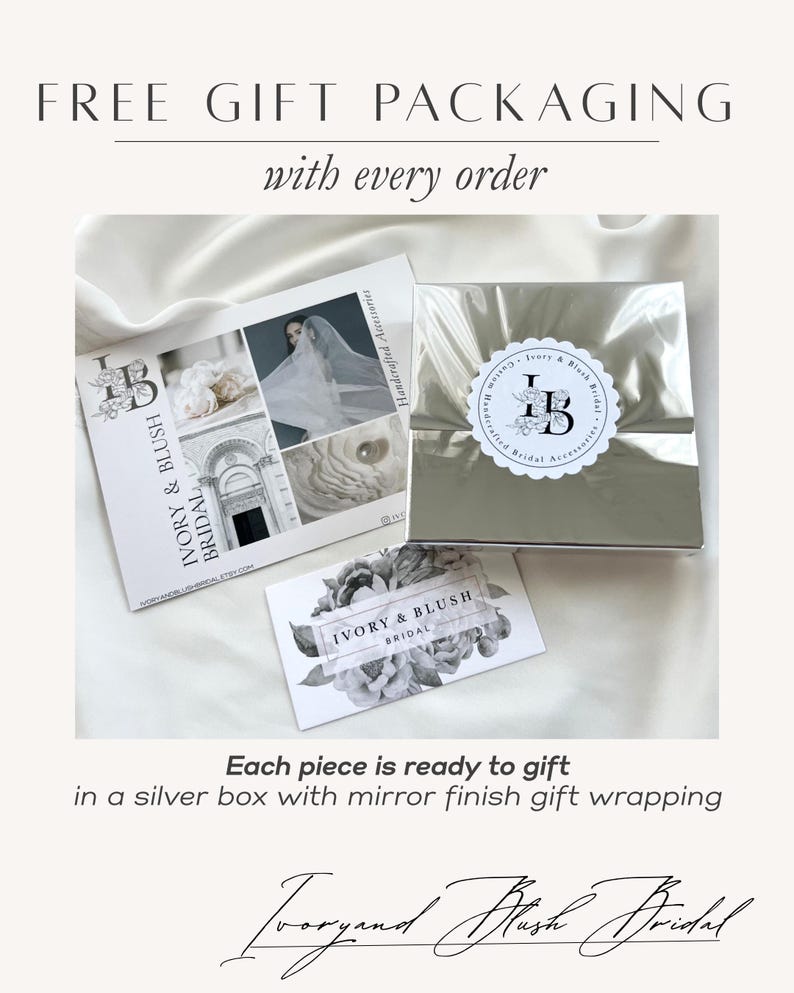 May include: A square silver box with a mirror finish, featuring a round white sticker with the text Ivory & Blush Bridal. Included are two rectangular cards with floral graphics and the text Ivory & Blush Bridal, showcasing product imagery.