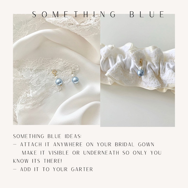 May include: A charm featuring a light blue pearl and a smaller white pearl on a gold-toned clasp. The text SOMETHING BLUE is at the top. Below, the text reads: SOMETHING BLUE IDEAS: - ATTACH IT ANYWHERE ON YOUR BRIDAL GOWN MAKE IT VISIBLE OR UNDERNEATH SO ONLY YOU KNOW ITS THERE! - ADD IT TO YOUR GARTER.