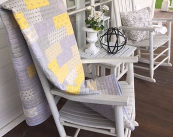 Handmade Yellow & Gray Throw Quilt: Minky Cuddle Backing, Modern Lap Quilt