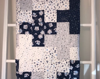 Handmade quilt, Baby quilt, Navy and Grey Modern Owl Baby/Toddler  Plus Quilt,  large baby quilt, owl quilt, nursery, quilt for sale