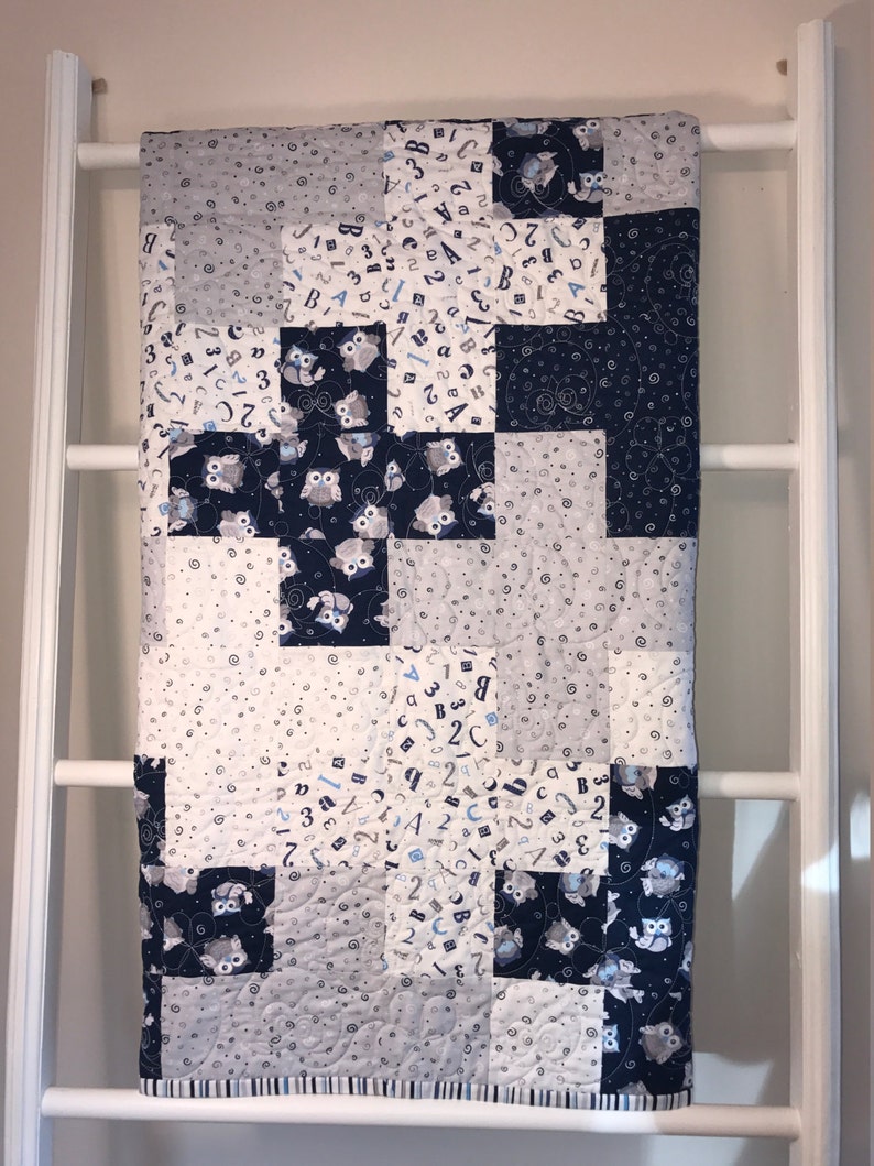 Handmade quilt, Baby quilt, Navy and Grey Modern Owl Baby/Toddler Plus Quilt, large baby quilt, owl quilt, nursery, quilt for sale image 1