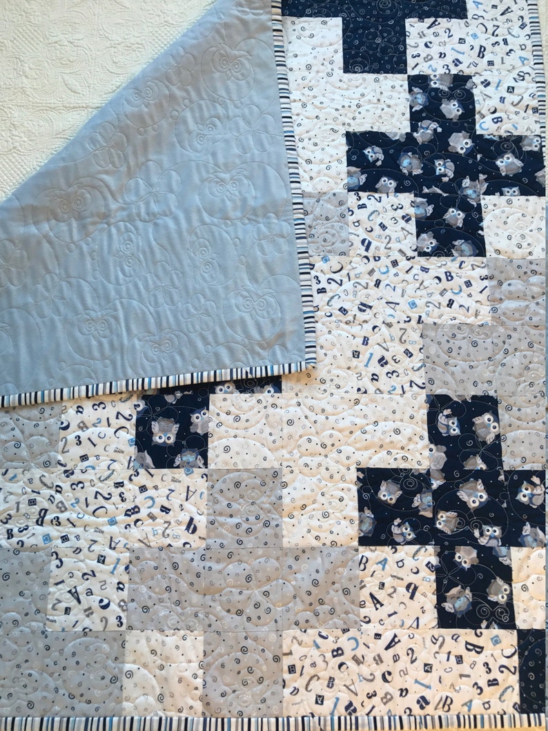 Handmade quilt, Baby quilt, Navy and Grey Modern Owl Baby/Toddler Plus Quilt, large baby quilt, owl quilt, nursery, quilt for sale image 5