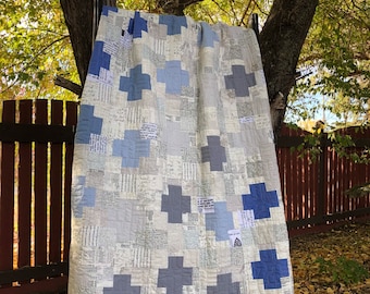 Modern grey and blue cuddly minky lap quilt for sale.