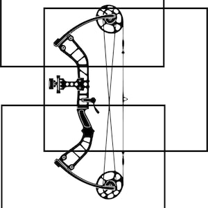 Può includere: Illustrazione in bianco e nero di un arco compound. L'arco presenta un riser curvo, camme e una corda. Il design è una silhouette, con i componenti dell'arco chiaramente definiti su sfondo bianco.