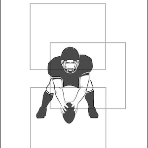 May include: Monochrome illustration of an American football player in a crouched stance, holding the ball. The player is wearing a helmet and uniform. The image is set against a white background, with grey rectangular outlines.