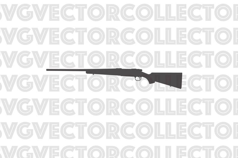 May include: A silhouette of a rifle with a long barrel and a wooden stock. The rifle is depicted in a side view, showcasing its design and components. The background is a repeating pattern of the text "SVG VECTOR COLLECTOR".