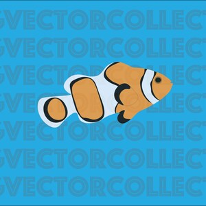 Può includere: Illustrazione di un pesce pagliaccio a cartoni animati, con segni arancioni, bianchi e neri. Il pesce ha una forma del corpo arrotondata e un piccolo occhio, su uno sfondo azzurro. Il design è semplice e grafico.