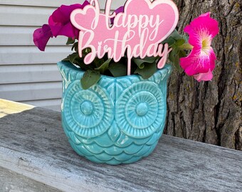 May include: A teal owl-shaped planter with pink flowers and a pink wooden sign that says "Happy Birthday" with a heart.