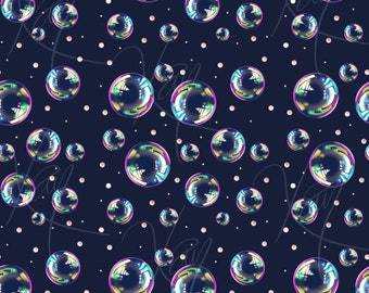 May include: A seamless pattern featuring iridescent rainbow bubbles on a dark blue background with white polka dots.