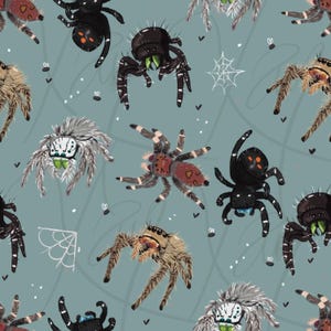 Puede incluir: Un patrón repetitivo de varias arañas en diferentes colores y diseños sobre un fondo verde azulado. Las arañas incluyen arácnidos negros, marrones y grises con detalles. Telarañas blancas y pequeños puntos blancos están dispersos por todo el diseño.