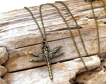 Dragonfly, Bronze Tone Pendant, on a Bronze Tone Cable Chain Necklace J281