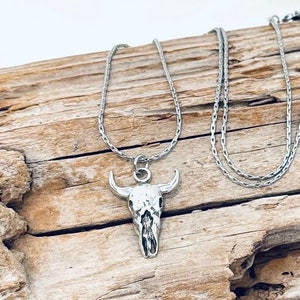 Sterling Silver Steer Skull Pendant, on a Stainless Steel Snake Chain Necklace J846