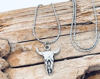 Sterling Silver Steer Skull Pendant, on a Stainless Steel