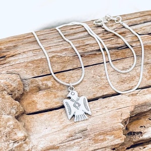 Thunderbird, Sterling Silver Pendant, on a Sterling Silver Snake Chain Necklace J949
