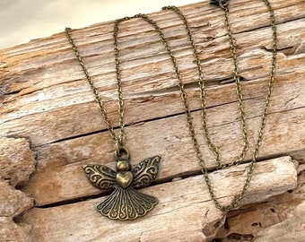 Angel, Bronze Tone Pendant, on a Bronze Tone Cable Chain Necklace J854