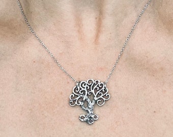 Tree, Silver Tone Charm Pendant, on a Stainless Steel Cable Chain Necklace J234