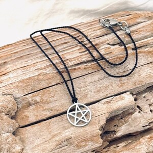 Pentagram Pendant, Stainless Steel, on a Soft Black Silk Thread Necklace J429