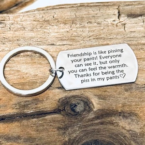 Friendship is like pissing your pants! Everyone can see it but only you can feel the warmth, Custom Engraved Charm, Silver Tone Keyring J821