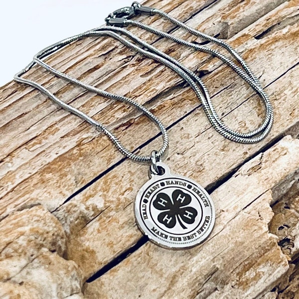 4-H Head Heart Hands Health, Custom Engraved Stainless Steel Round Charm, on a Stainless Steel Snake Chain Necklace J175