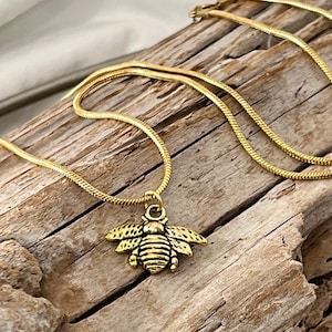 Bee, Antique Gold Tone Pendant, on a Stainless Steel Gold Plated Snake Chain Necklace  J304
