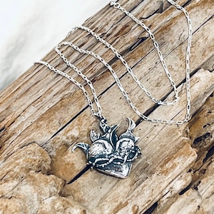 Flaming Sacred Heart, Sterling Silver Pendant, on a Sterling Silver Box Chain Necklace  J412