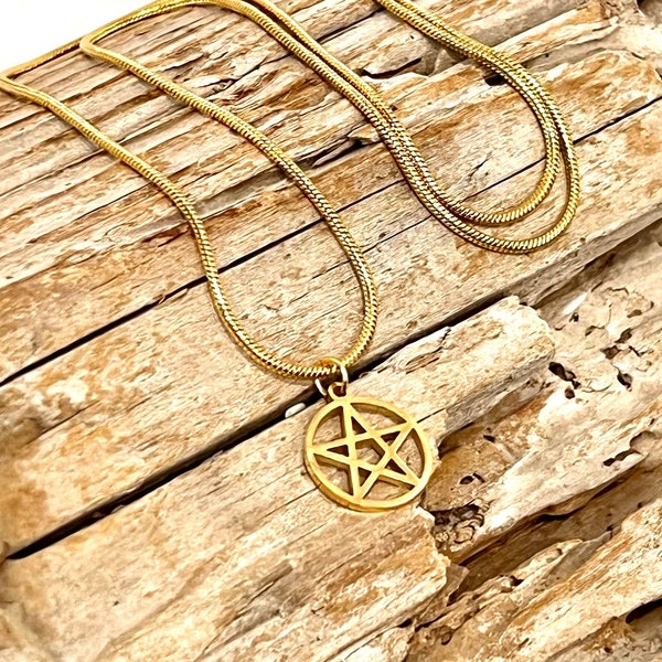 Pentagram Star, Stainless Steel Gold Plated Pendant, on a Stainless Steel Gold Plated Snake Chain Necklace J566