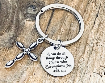 I can do all things through Christ who Strengthens Me Phil. 4:13, Custom Engraved Stainless Steel Round Charm, on a Silver Tone Keyring J751