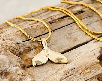 Whale Tail, Gold Tone Pendant, on a Stainless Steel Gold Plated Snake Chain Necklace  J122