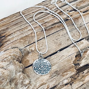 Compass, Sterling Silver Pendant, on a Sterling Silver Snake Chain Necklace, Find Your True North J666