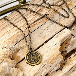 Wax Stamp Initial C, Bronze Tone Pendant, on a Bronze Tone Cable Chain Necklace J631