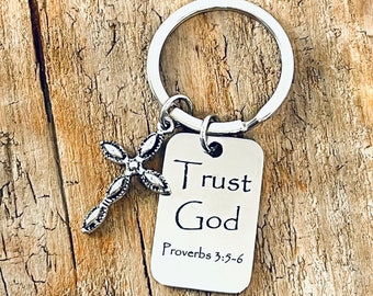 Trust God Proverbs 3:5-6, Custom Engraved Stainless Steel Rectangle Charm, Silver Tone Cross Charm, on a Silver Tone Keyring J353