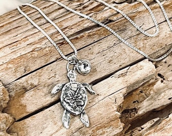 Sea Turtle with Hibiscus, Sterling Silver Pendant, Swarovski Crystal Birthstone, on a Sterling Silver Box Chain Necklace  J227