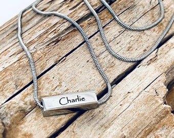 Charlie, Custom Engraved Stainless Steel Cube Bead on a Stainless Steel Snake Chain Necklace J654