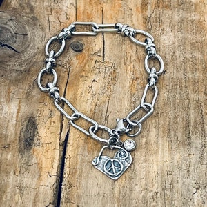 Sterling Silver, Peace Heart Charm, Stainless Steel Crystal Drop Charm, on a Stainless Steel Oval Paper Clip Link Chain Bracelet J486