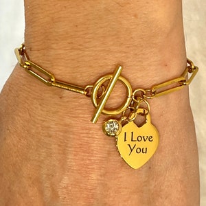 I Love You, Engraved Stainless Steel Gold Plated Heart, Crystal Birthstone, Stainless Steel Gold Plated Oval Paper Clip Link Bracelet J509