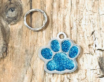Buck, Custom Engraved Stainless Steel, Blue Glitter Enamel Dog Paw Charm, Dog ID, Pet ID, Pet Tag, Dog Tag  J972