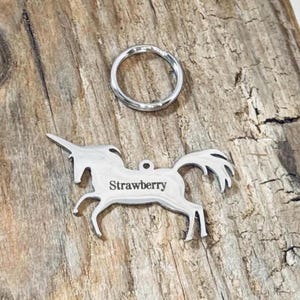 Strawberry, Custom Engraved Stainless Steel Unicorn Charm, ID Tag, Pet Tag, Pet ID Tag, Dog ID  J981