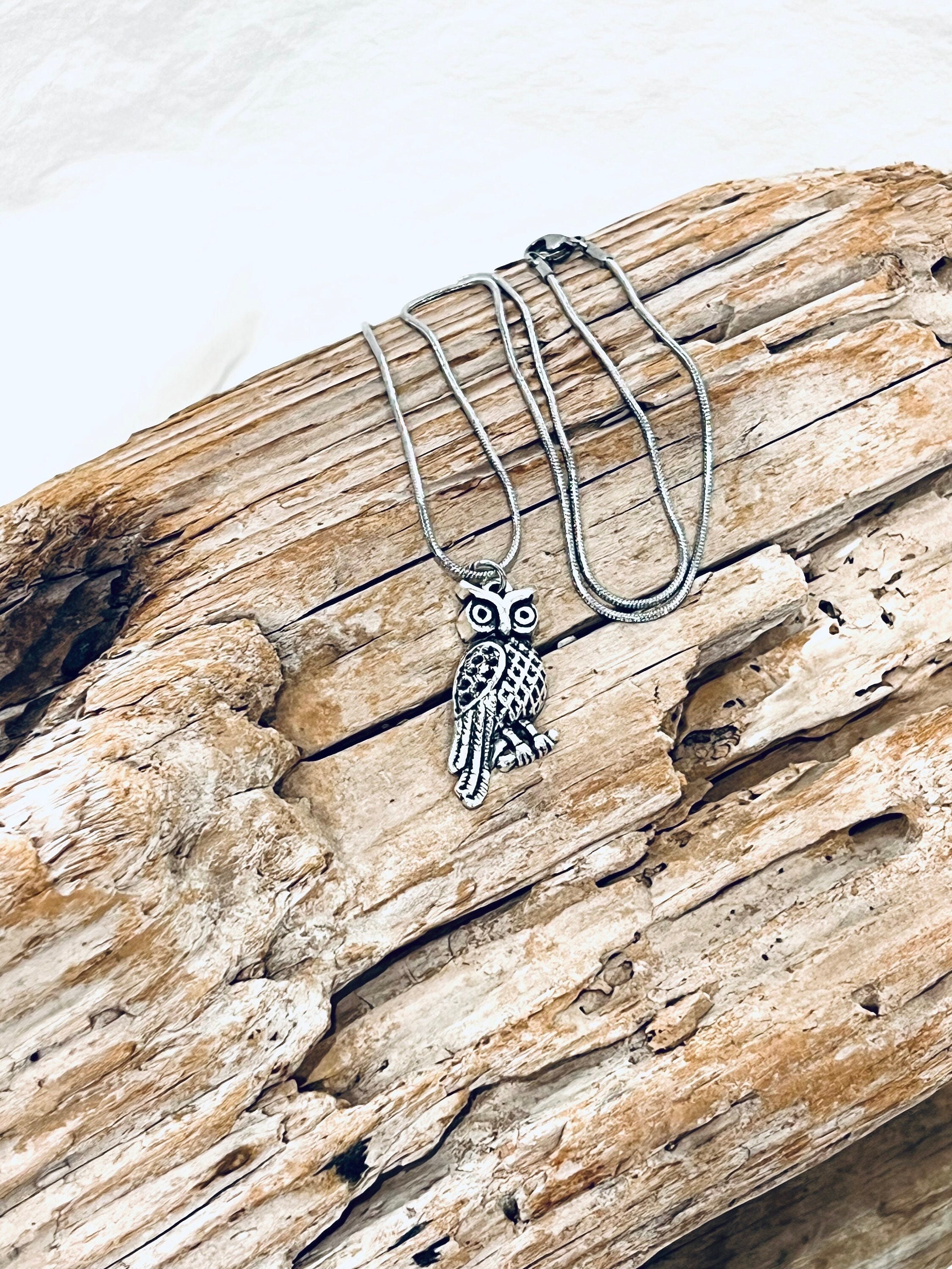 Owl, Silver Tone Pendant, on a Stainless Steel Snake Chain Necklace J120