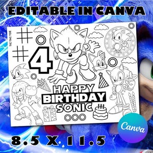 Sonic Coloring Page Printable | Birthday Color Sheet | Editable in Canva | Party Favor