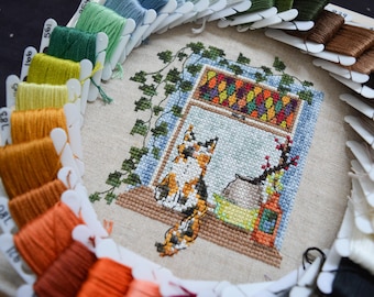 Patrón de punto de cruz de gato en el alféizar de la ventana (PDF)