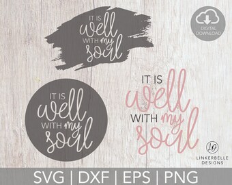 Puede incluir: Dos descargas digitales de un diseño gráfico con el texto "It is well with my soul" en un esquema de color gris y rosa. El texto está en una fuente de escritura a mano.