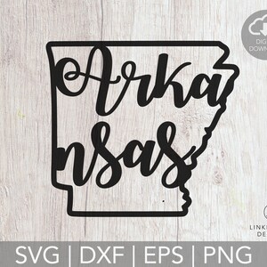 May include: Black and white digital download SVG cut file of the state of Arkansas with the text "Arkansas" written in a cursive font.