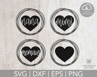 May include: Four black and white circle designs with a heart in the center. Each heart has a different word inside: "nana", "mimi", "nemaw", and a blank heart. The circles are made of thin lines.