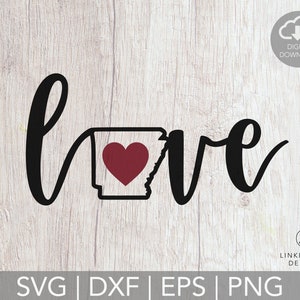 May include: Black and white graphic design of the word "love" with a red heart inside the outline of the state of Arkansas.