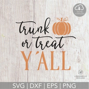 Op de afbeelding: Een digitale download van een printbaar ontwerp met een pompoen en de tekst "trunk or treat y'all". Dit ontwerp is perfect om een feestelijk Halloween-bord of decoratie te maken.
