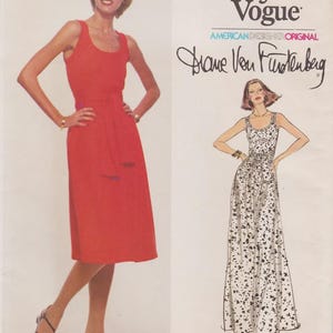 May include: A vintage sewing pattern from Very Easy Vogue featuring a red dress and a black and white spotted dress design by Diane Von Furstenberg. The pattern includes a photograph of a woman wearing the red dress. The pattern number is 1662.